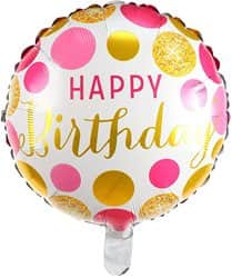 בלון מיילר עגול 18" - HBD לבן נקודות זהב פוקסיה